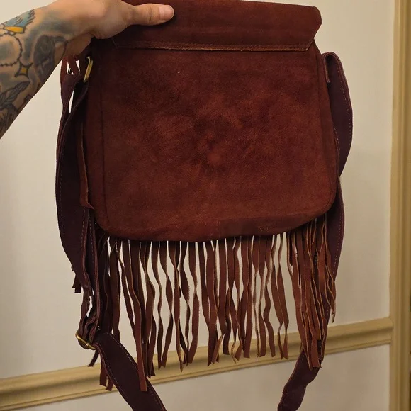 Warm Brown Fringe Leather Bag with Turquoise Accent - Picture 3 of 6